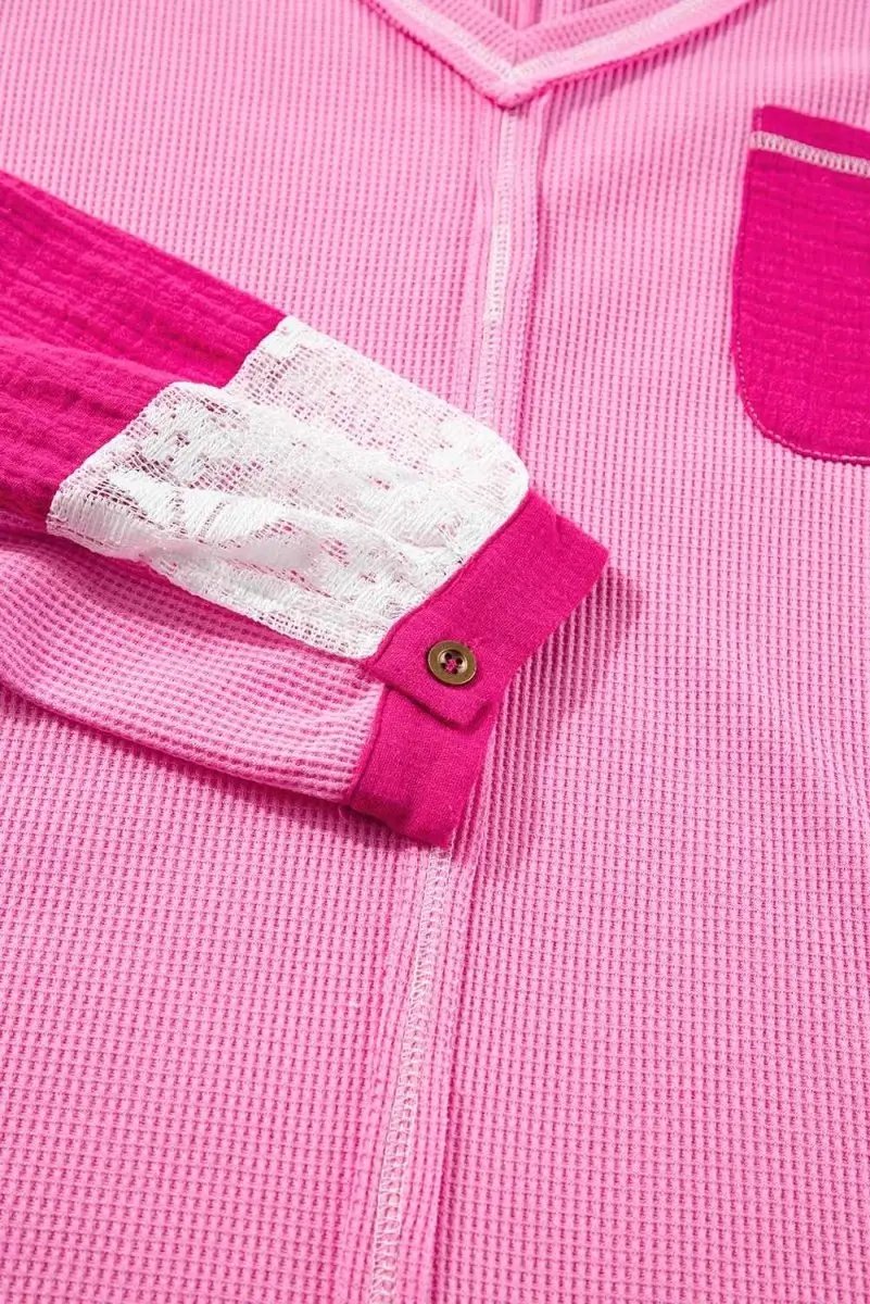 Bonbon Lace Floral Patchwork Sleeve Stitching V Neck Rib Knit Blouse - Love Salve